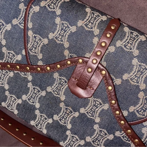 Celine Denim and Brown leather Studded Shoulder Bag - Picture 4 of 16